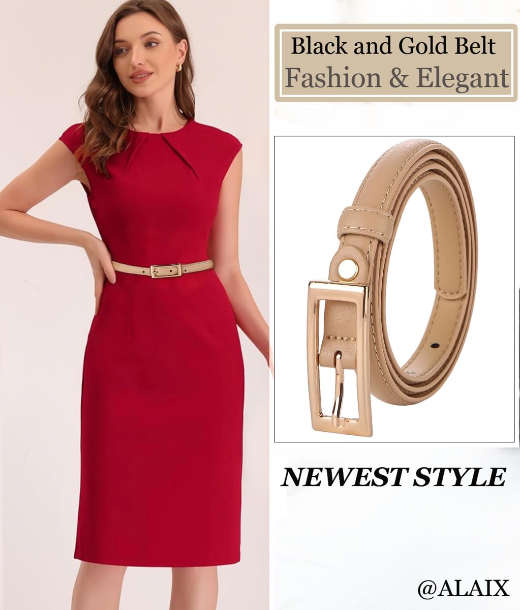 ALAIX Women's Skinny Leather Belts with Gold Buckle Thin Waist Belt for Jeans Dress Adjustable Black and Gold Belts for Women - Image 2