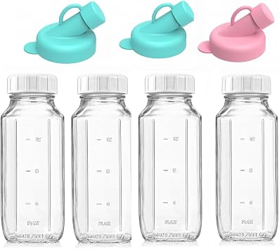 4 Pack 500ml/16oz Glass Milk Bottles with Lid,Reusable Dairy Drinking Bottles with Capacity Mark With 3pcs Silicone Bottle Dispenser for Juices, Dressings, Sauces, Beverages 500ML-4 Pack