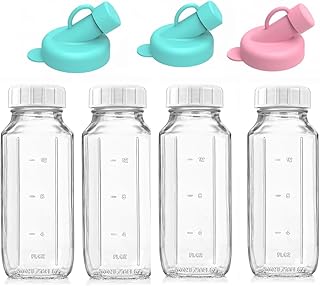 4er Set Glasflaschen Mit Deckel 500ml, Glas-MilchbehäLter Für Den KüHlschrank Zur Aufbewahrung Von Frischer Milch, Luftdichtes, Transparentes Saftglas Mit 3 Silikonausgiessern (4 Set-500ML)