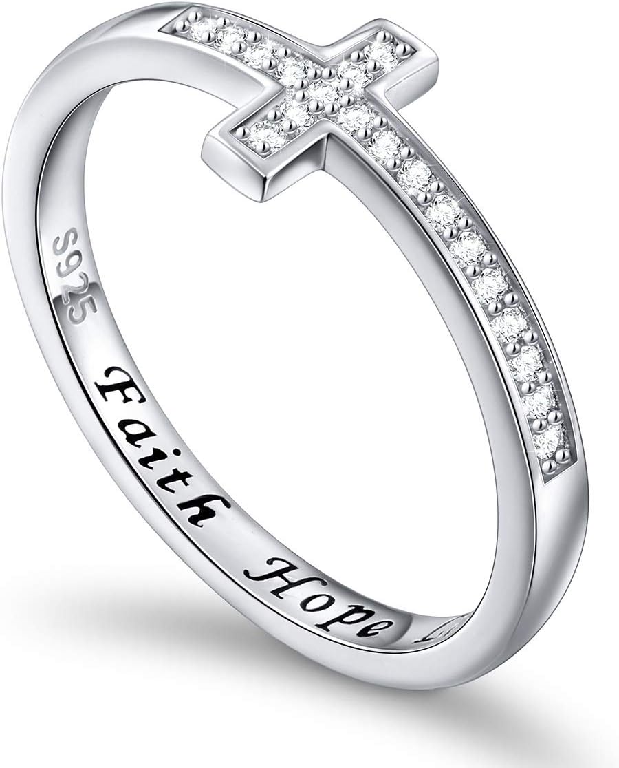 FlyowEaster Gifts 925 Sterling Silver Jewelry Sideways Cross White Ring Engraved Faith Hope Love