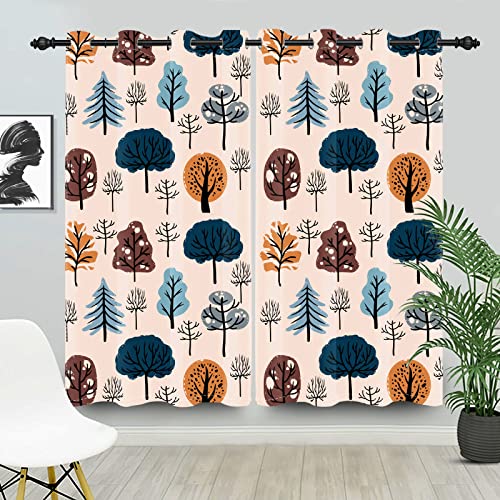Renaiss Cartoon Tree Print Blackout Curtains 42W x 84L 2 Panel Set, Forest Trees Window Drapes for Kids Room Cute Woodland Window Curtain Panels for Bedroom, Grommet Top