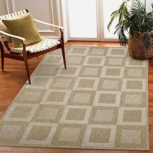 Liora Manne Orly Low Profile Easy Care Weather Resistant Indoor/Outdoor Rug-Transitional, Decorative, Geometric, Contemporary, Squares Natural 8'10" x 11'9"