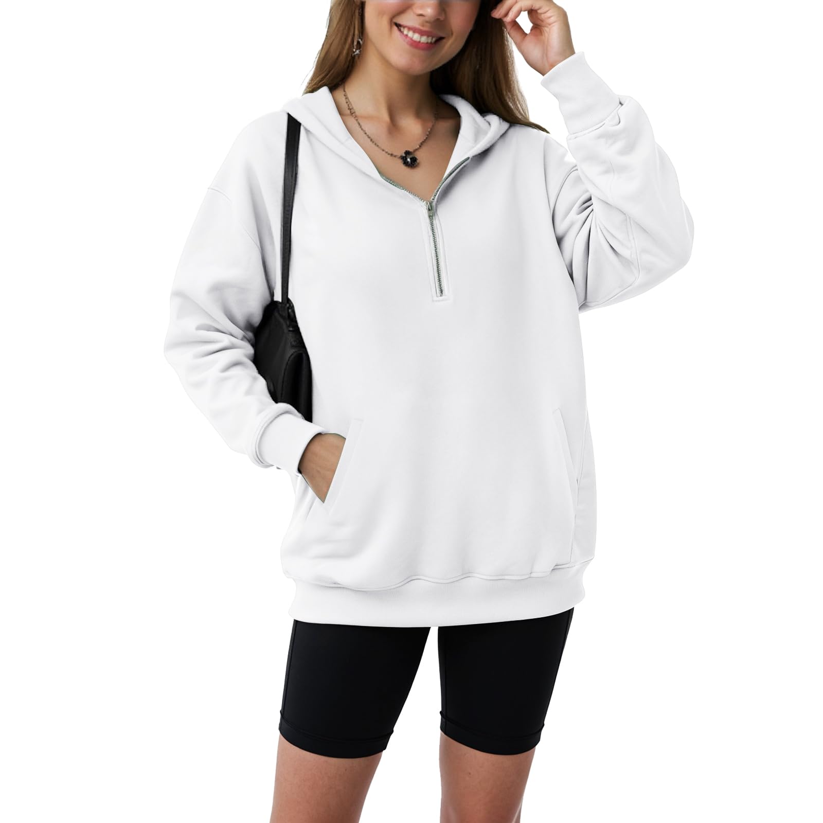 Felpa Oversize con Cappuccio e Mezza Zip da Donna con Tasche Laterali Felpa in Maglia