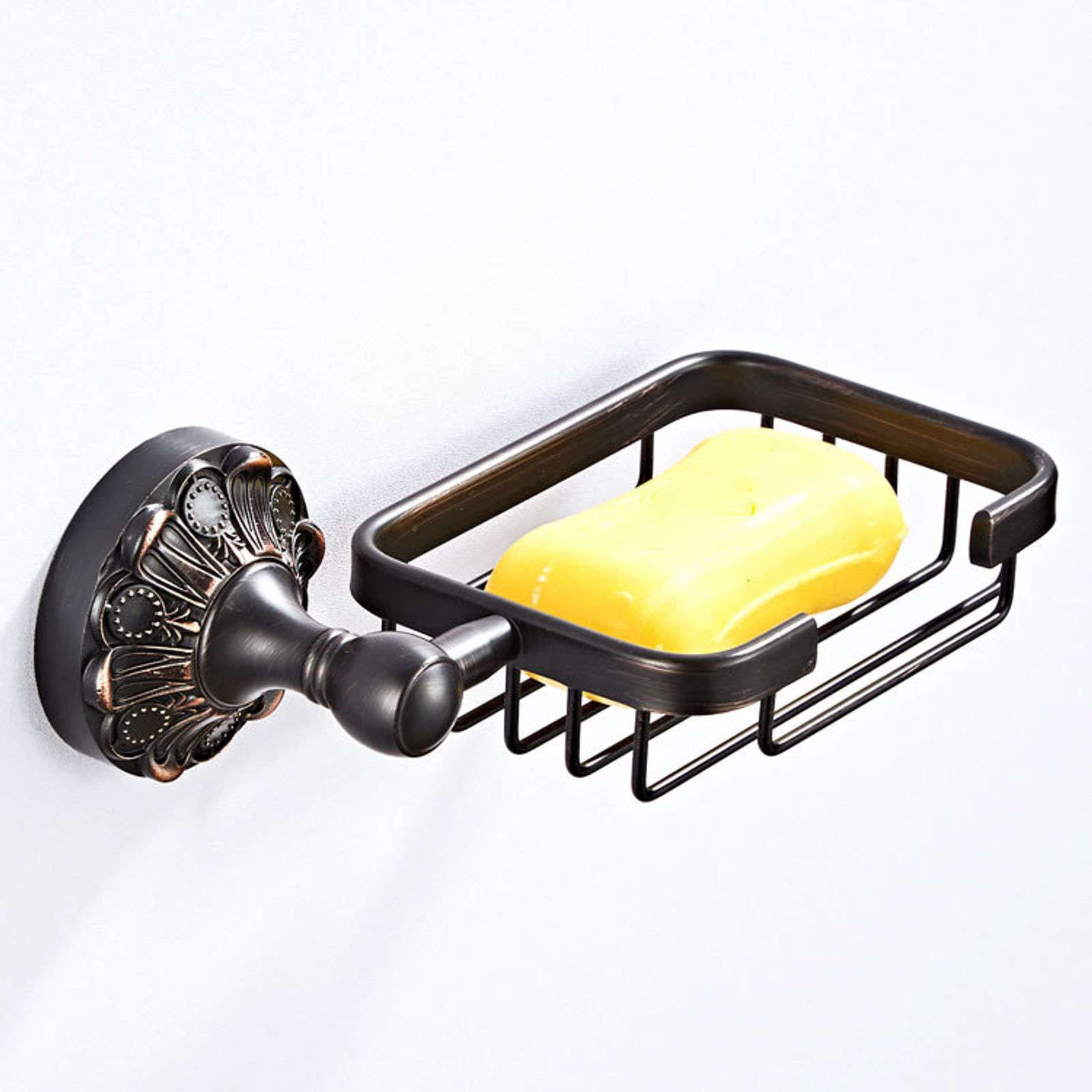 Jabonera de pared, jabonera, jabonera de latón antiguo europeo, jabonera negra mate for pared de ducha con decoración 3D, soporte de esponja montado en la pared, mantiene el jabón seco y drenaje rápid