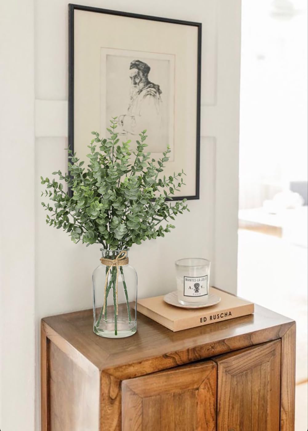 Fake Real-Touch Eucalyptus in Glass Vase with Faux Water – Realistic Faux Greenery Decor, 18" Tall, Artificial Eucalyptus Arrangement for Home, Farmhouse, Kitchen, Bathroom, Office