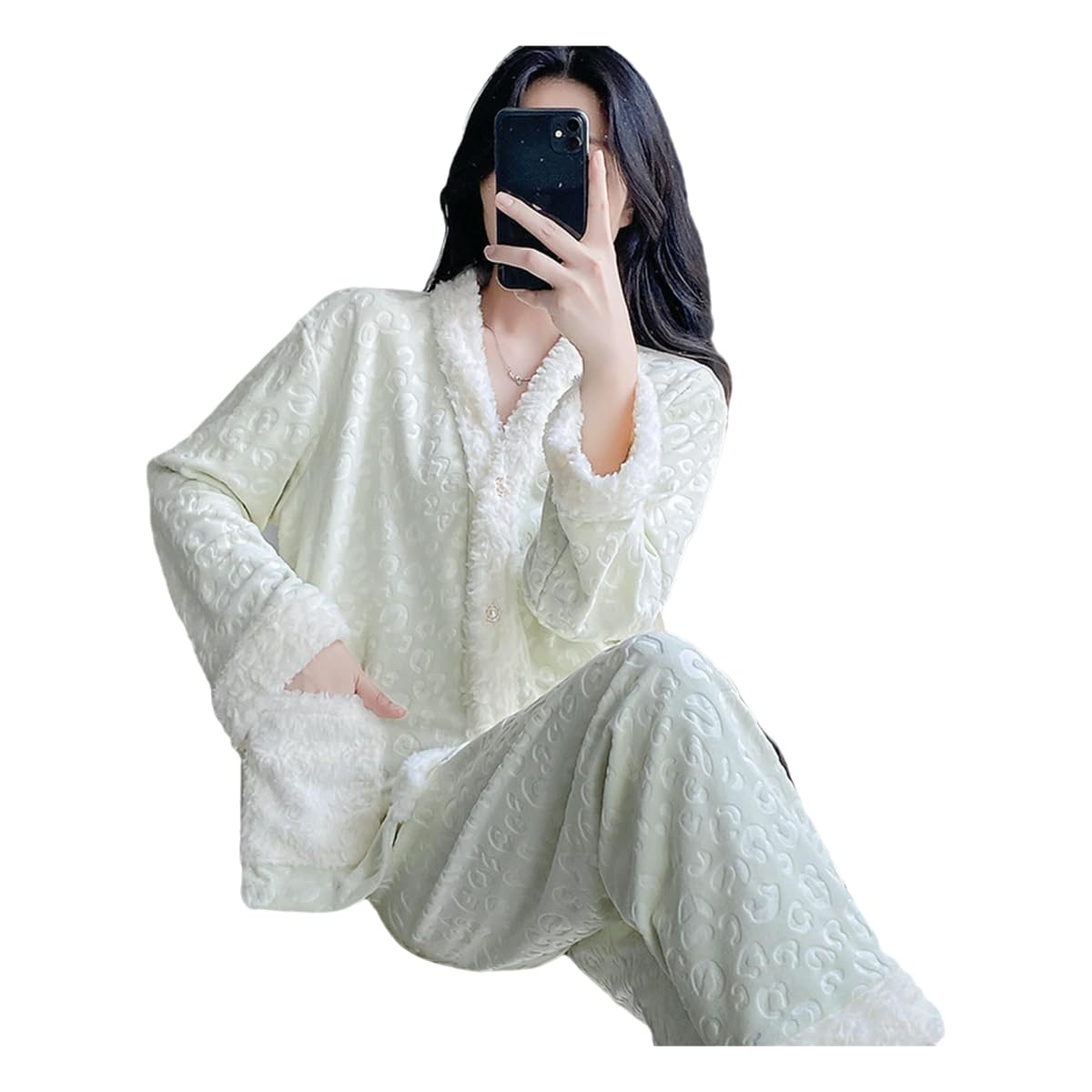 Abito da Notte Donna Set Pigiama in Soffice Lana Maglione E Pantaloni Pile Larghi -Rosa-XL