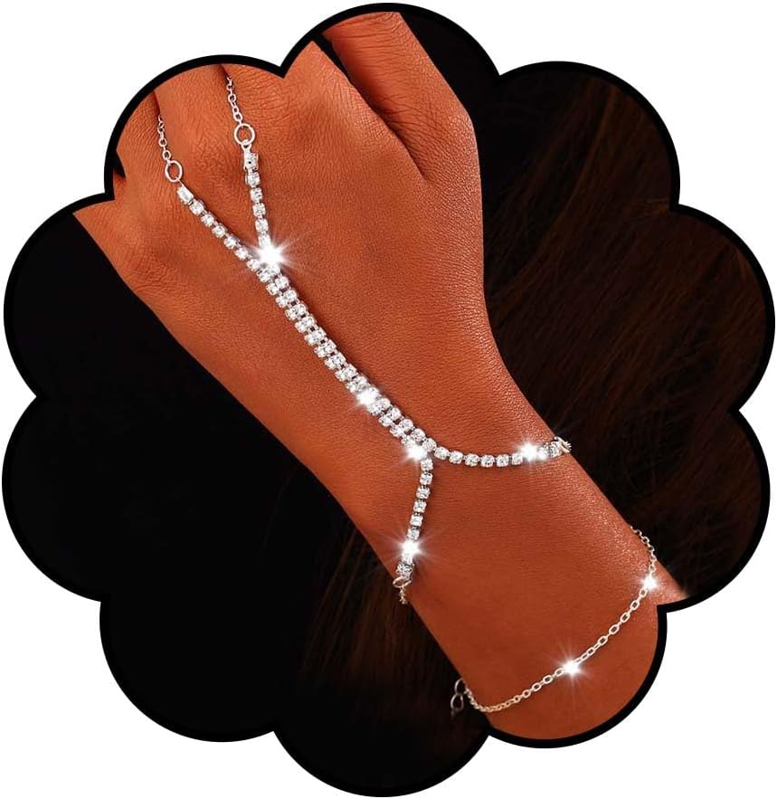 Rhinestone Hand Chain Bracelets Sparkle Crystal Hand Jewelry Adjustable Finger Ring Bracelet Hand Accessories for Women