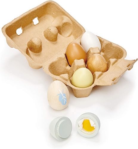 Tender Leaf Toys - Huevos de madera - 6 piezas de huevos de madera maciza con caja de cartón, juguete realista de huevo de Pascua - Accesorios de