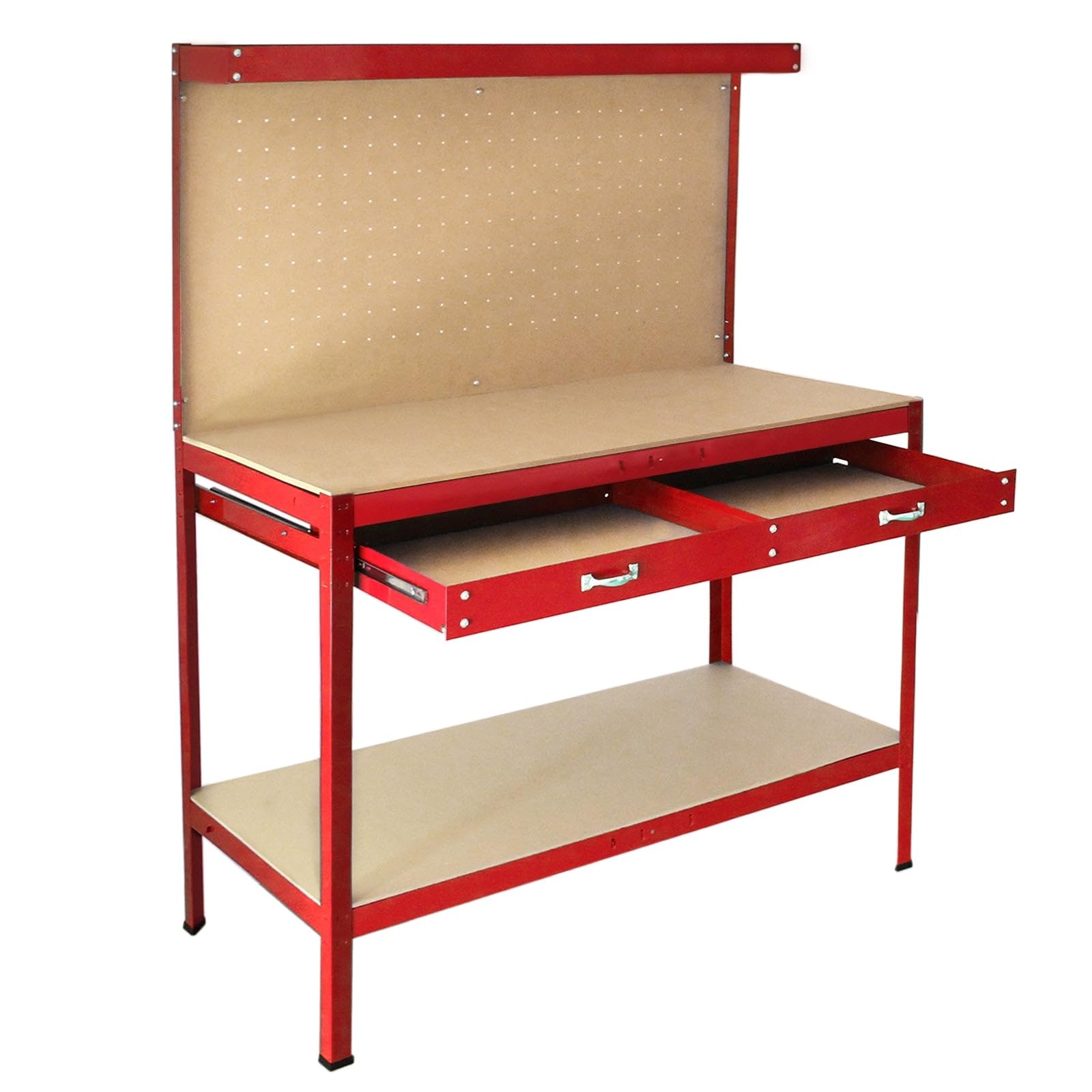 Banco da Lavoro a 3 Livelli con Piano da 120x60cm Ultra Resistente e Pannello Parete Forata Porta Attrezzi Utensili e 40 Ganci universali GRATIS + 2 Mensole e Cassetto - Rosso