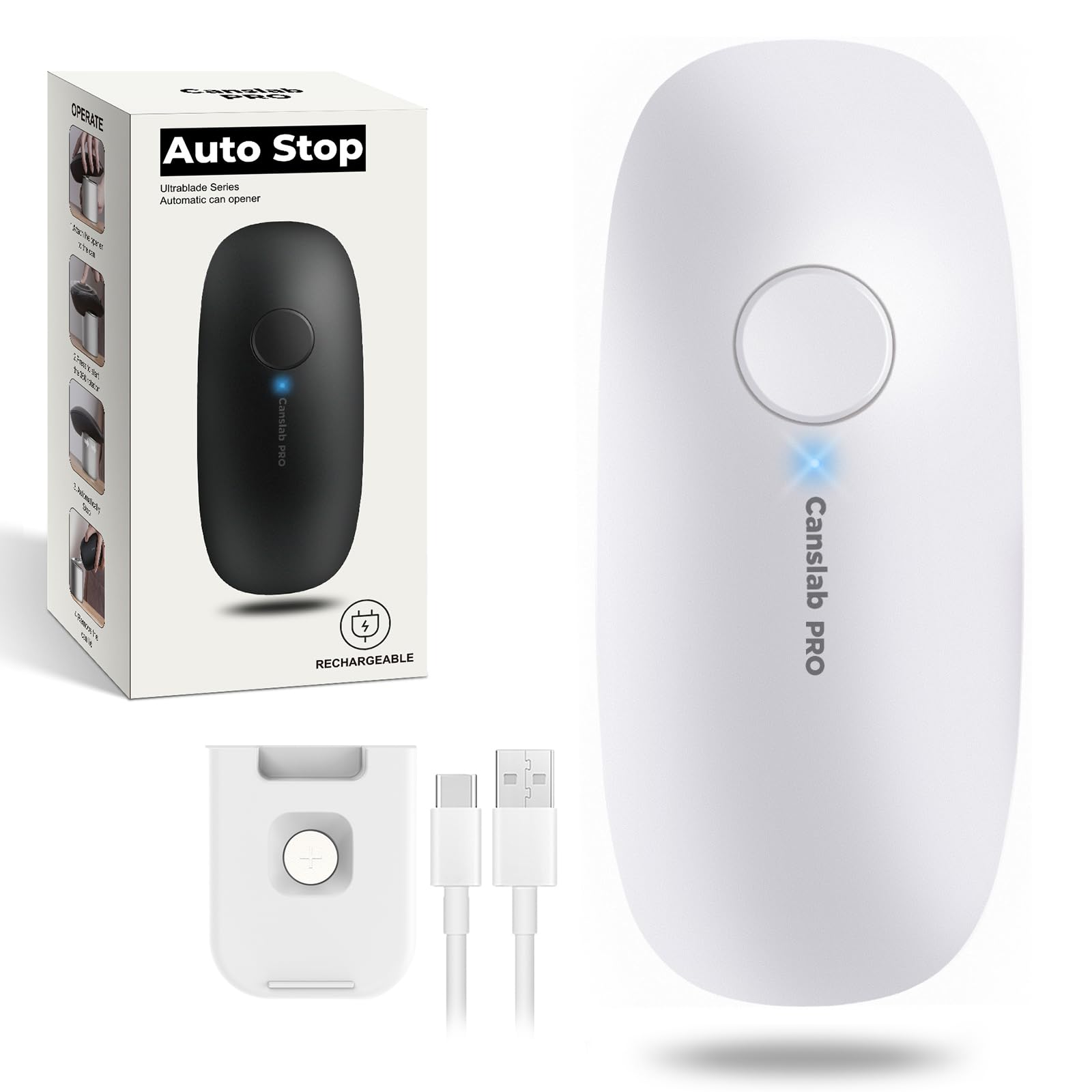 Canslab Ultrablade PRO White Tin Opener for Arthritic Hands- Rechargeable Electric Can Opener for Kitchen or Seniors-One Touch, Side Cut&Smooth Edge, Auto Stop, Wall Mountable, Hands Free