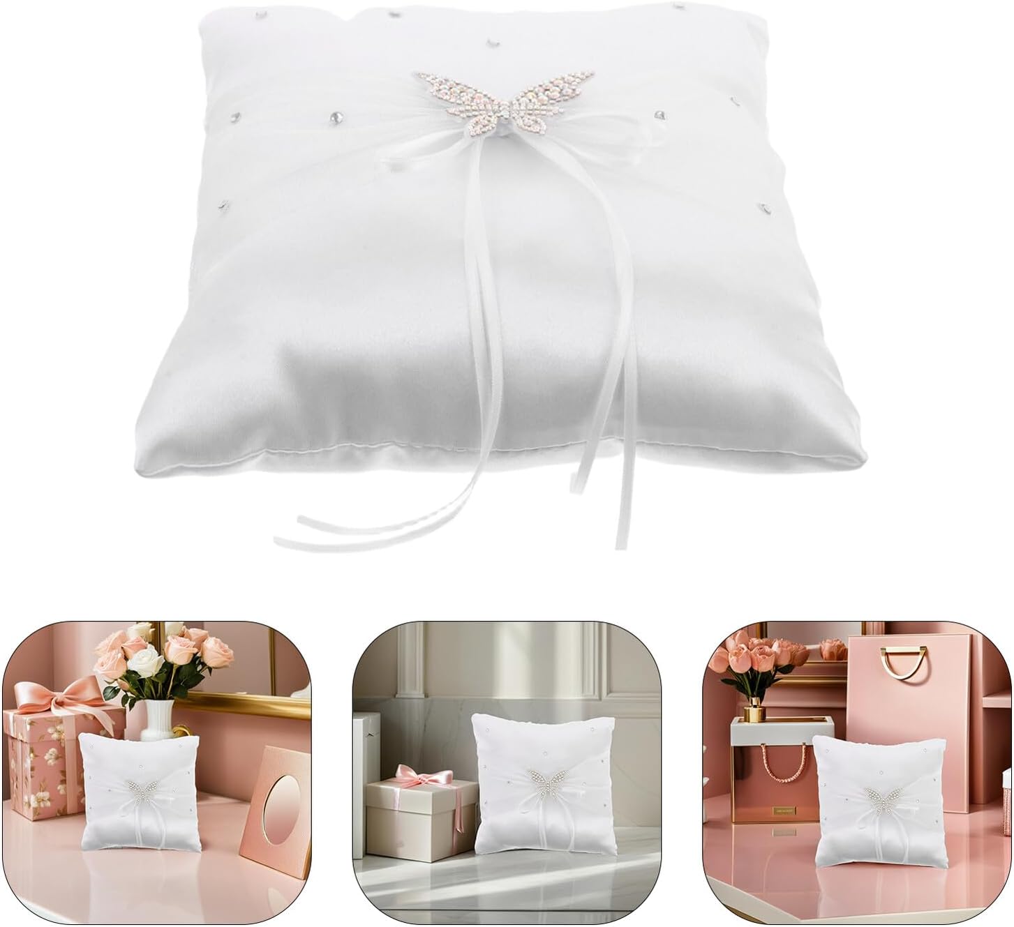 Uonlytech Wedding Ring Pillow with Rhinestone Butterfly Bow, White Satin and Lace Ribbon Ring Bearer Holder Cushion for Bridal Ceremony and Wedding Keepsake Accessory