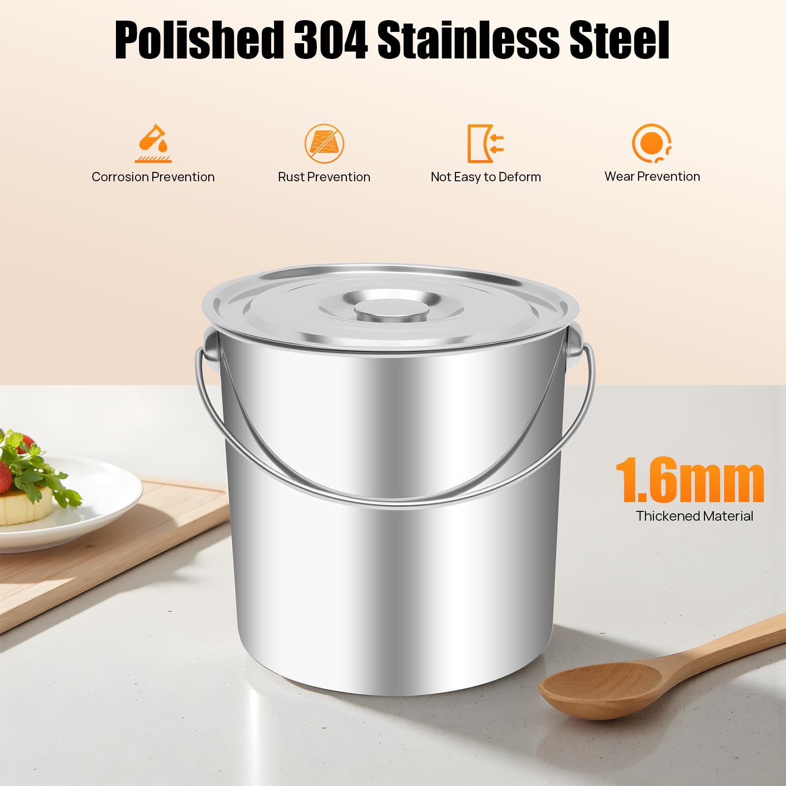 Cubo de acero inoxidable de 20 l con tapa, cubo con tapa, 20 l, de acero inoxidable 304, recipiente con tapa, incluye cucharón de agua, cubo de metal para alimentos, agua, comida y cocina