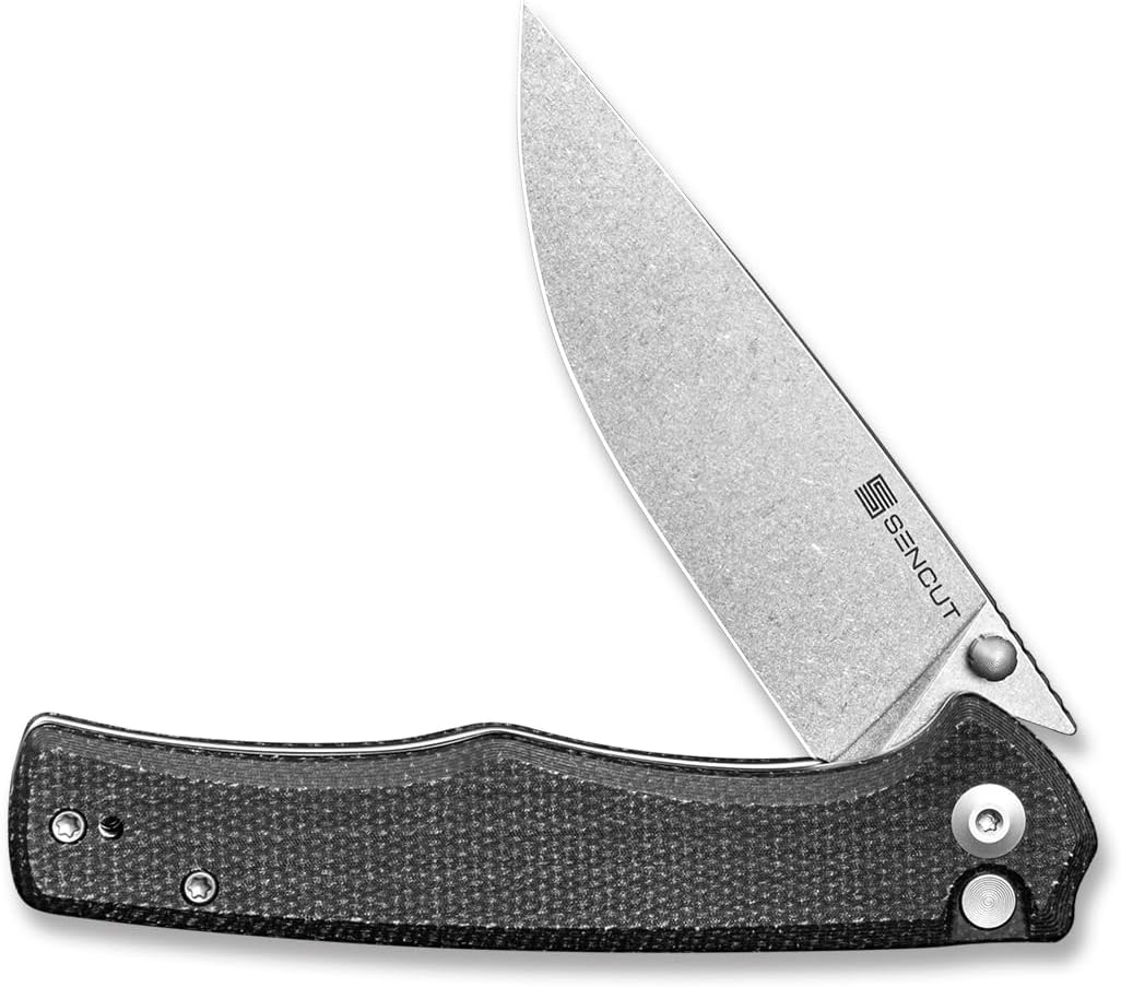 SENCUT Crowley Pocket Knife, Folding Knife for EDC, Black Micarta Handle Stonewashed D2 Blade Foldable Knife with Clip, Everyday Carry Knife for Men Women, Indoor Outdoor Gift S21012-2