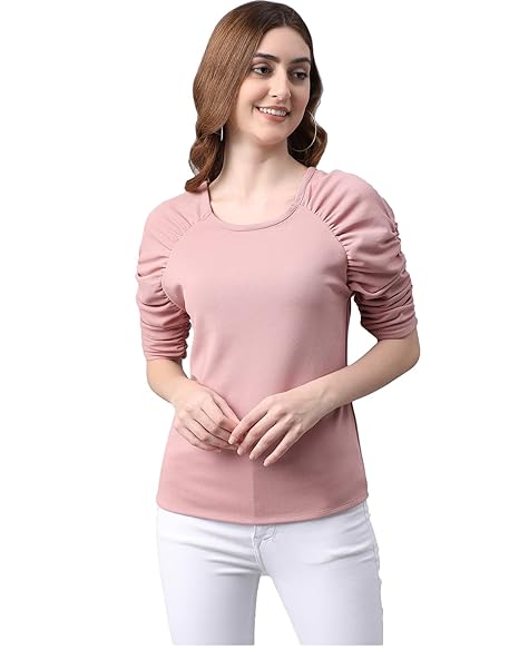 Darzi Puff Sleeve Pink Top ? Round Neck, Boost Your Style with Casual Top for Women and Girls Easy Wash Without Fading Color