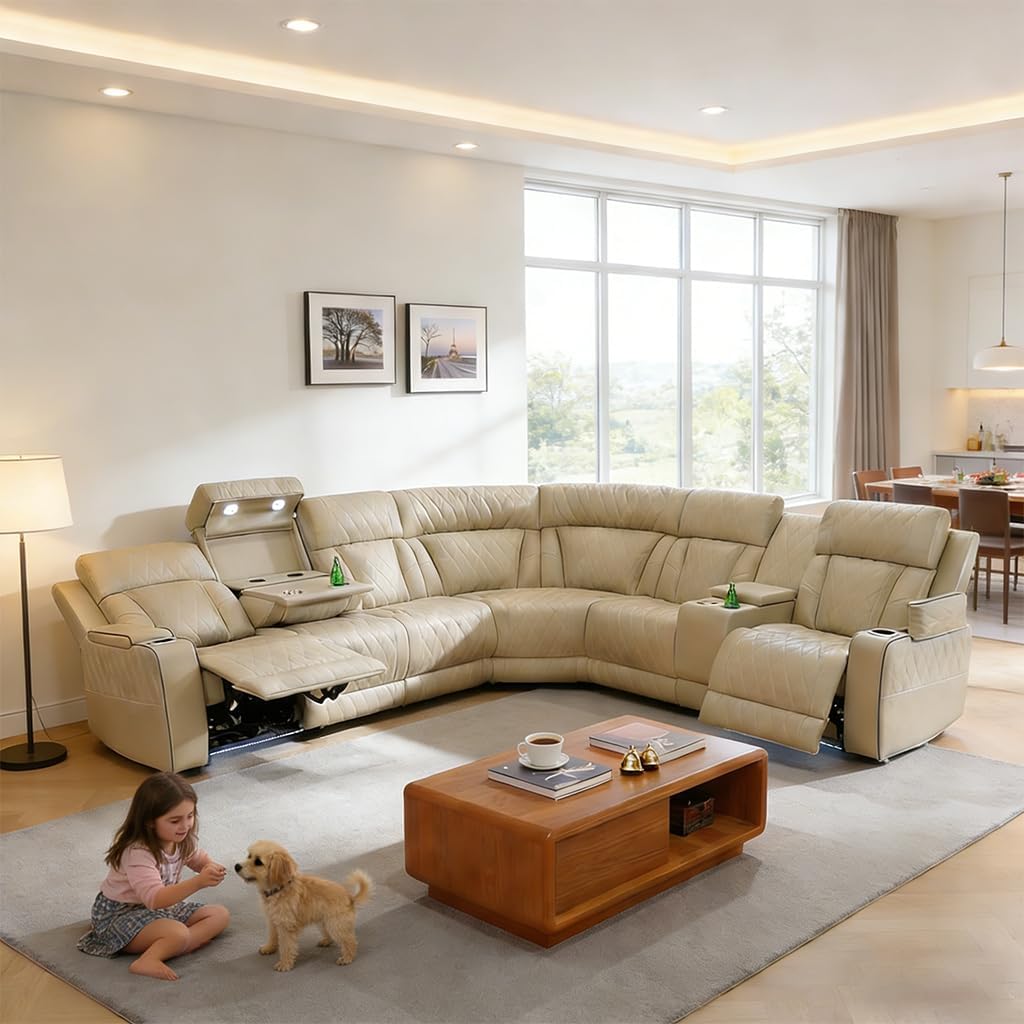 Power Leather Recliner Sofa with LED, Reclining Couch Set with Reading Lamp, Sectional Recliner Couches with Hide-Away Storage for Living Room(Beige, Sectional)