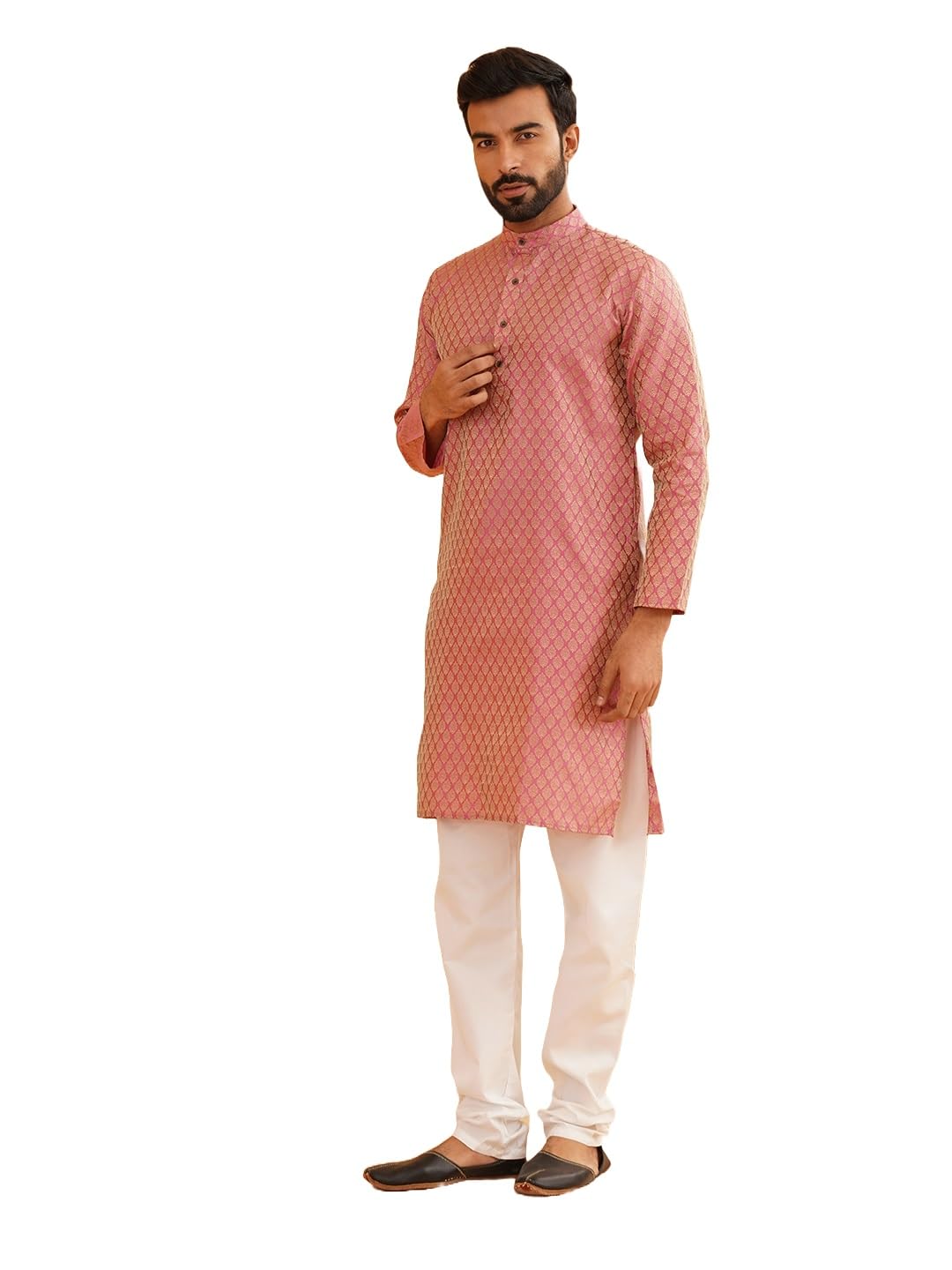 Sojanya (Since 1958 Men's Silk Blend Pink Self Design Kurta & Off-White Churidar Pyjama Set