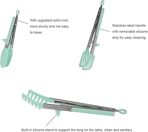 Miniatura 7 de Juego de 4 pinzas de cocina de silicona, antiadherentes de acero inoxidable con puntas de silicona sin BPA para servir pasta, espagueti, bistec,