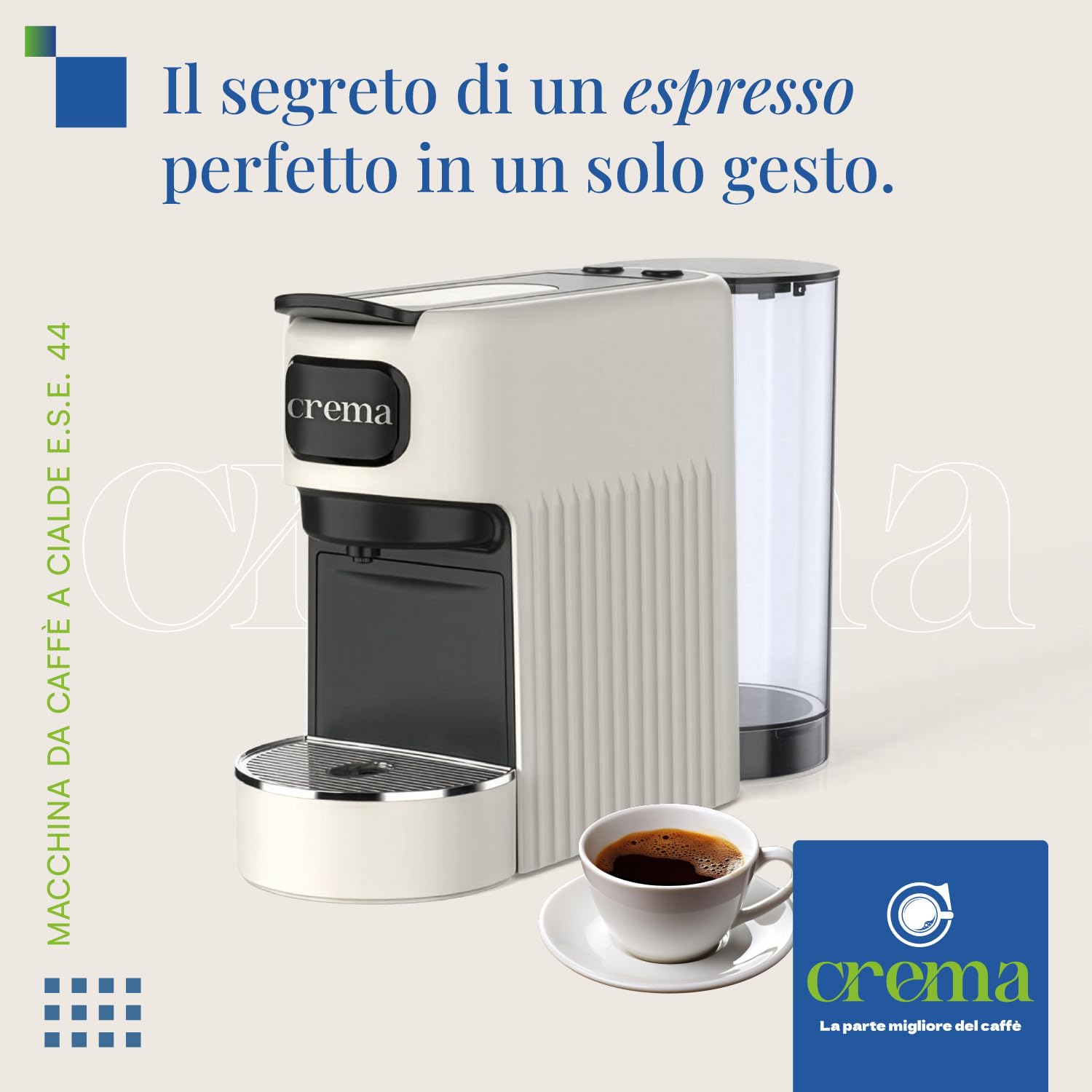Macchina Caffè Cialde E.S.E. per Espresso Cremoso – 10 CIALDE COMPRESE, Macchinetta Del Caffe Cialde Compatta, Serbatoio 1.2L, Spegnimento Automatico, Espulsione Cialda, Vassoio Regolabile - Beige