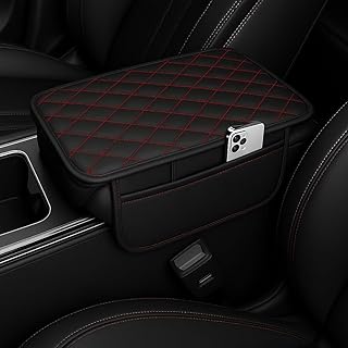 مخدع سيارة مسند ذراع من الجلد الأسود بخياطة احمر مع 2 جراب جانبية