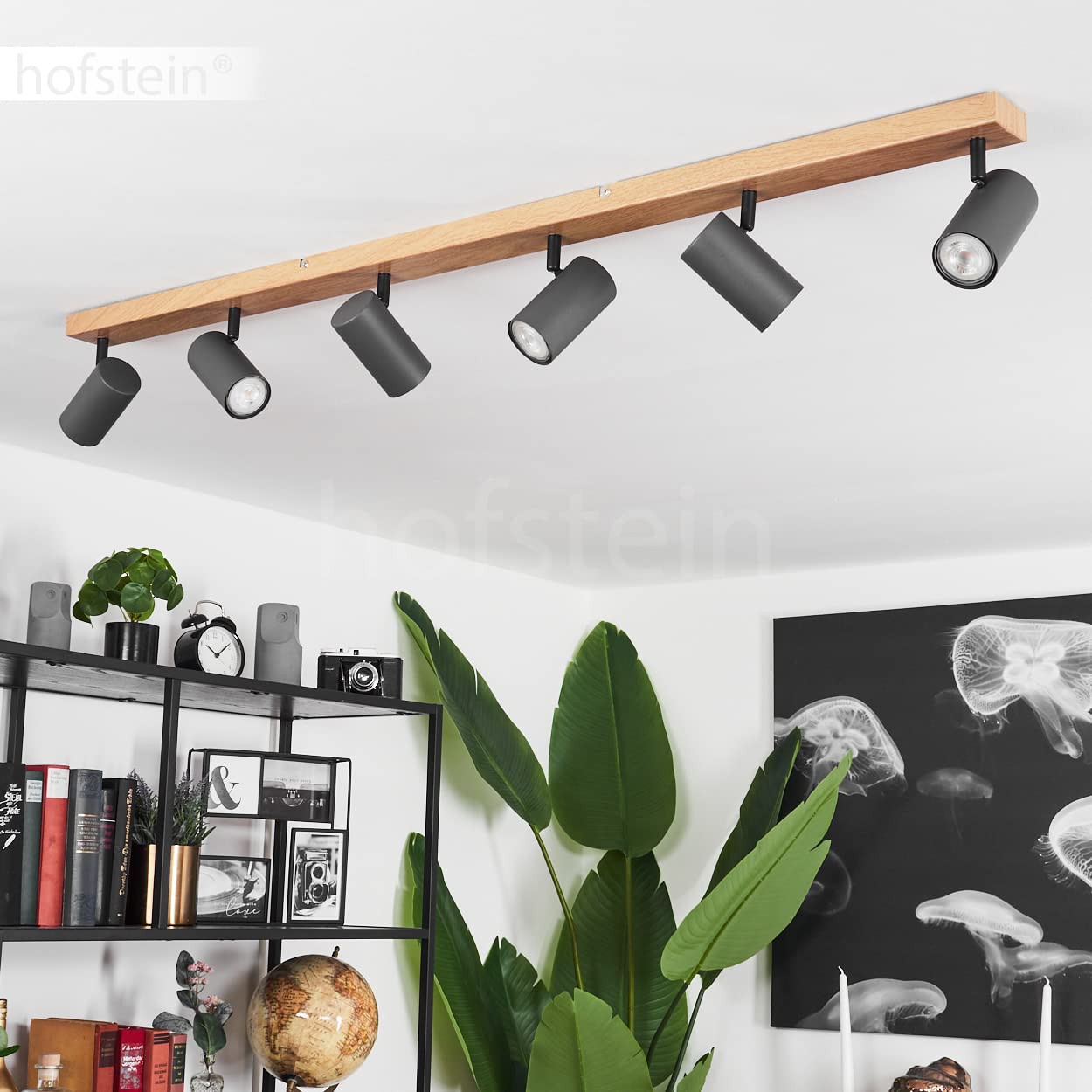 Plafonnier Javel, lampe de plafond moderne en métal imitation bois/marron/gris, luminaire moderne avec spots orientables, 6 flammes, 6 x GU10, sans ampoules