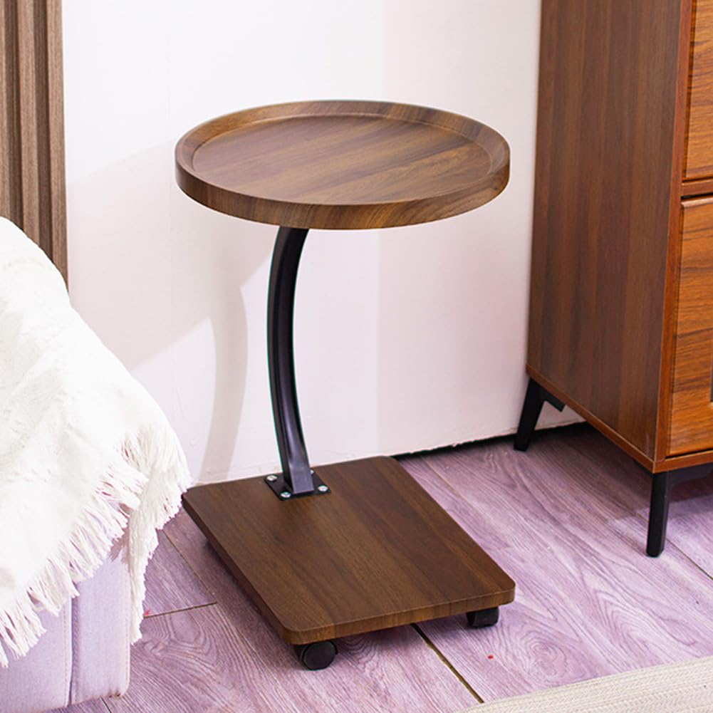 SXZenSpace C-Shaped Round End Table with Rolling Wheels, TV Tray Couch Cart for Living Room,Bedroom,Mobile Space Saver Side Tables Couch,walnut