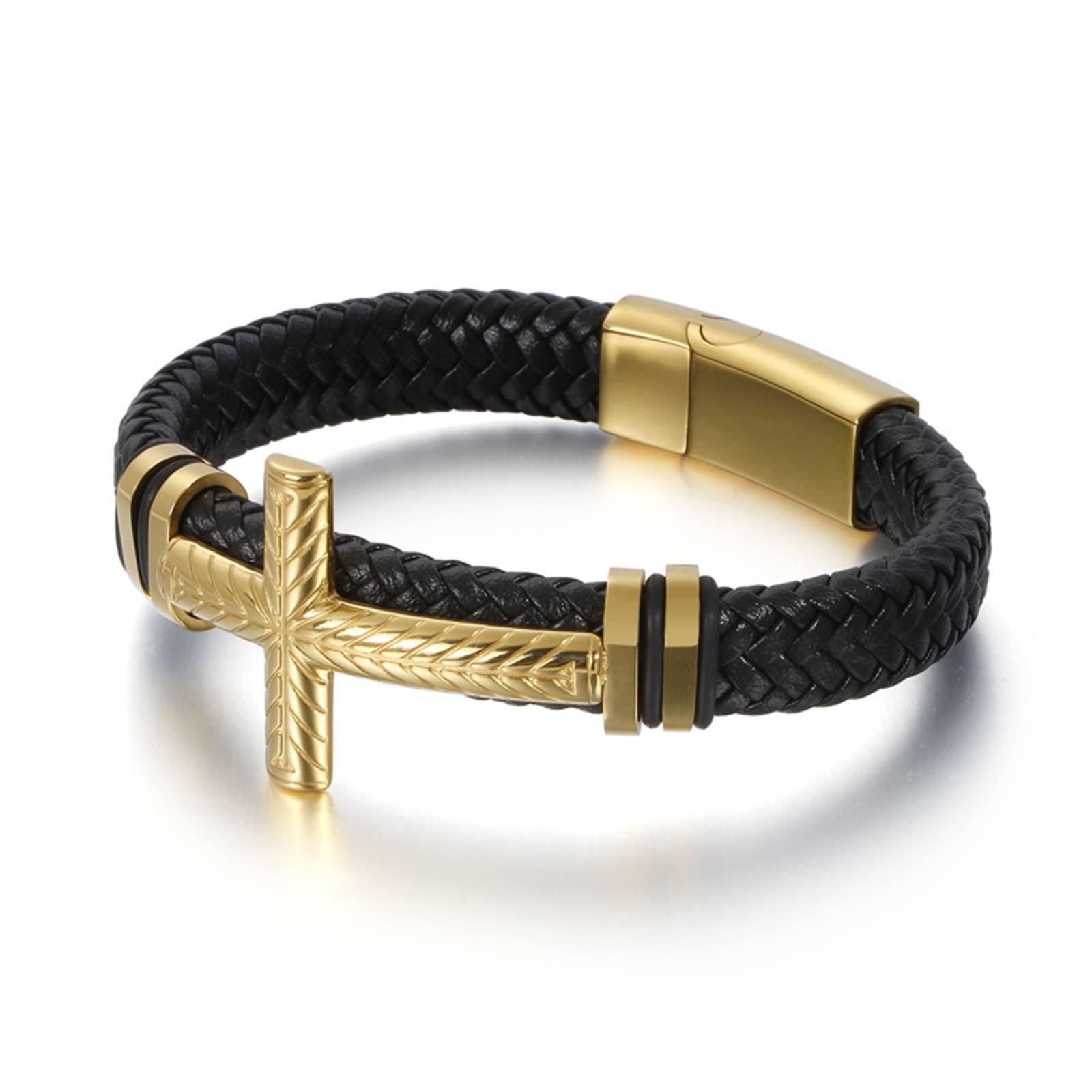 Pulseras de Acero Inoxidable, joyería, Pulsera para Hombre, Pulsera Trenzada de Cuero Negro con Cruz, Pulsera para Hombre de 21,5 CM de Longitud, Hip Hop