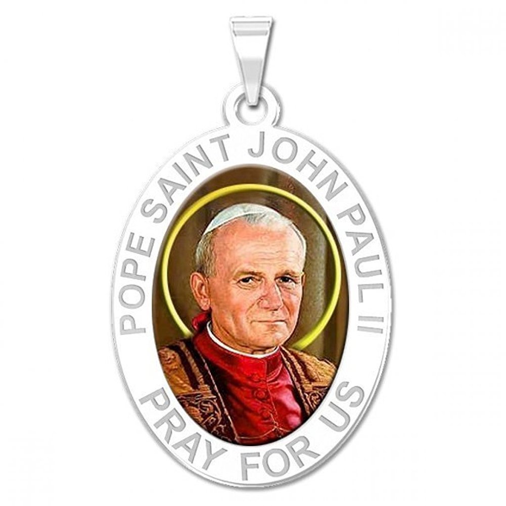 PicturesOnGold.com Pope Saint John Paul II Oval Religious Color Medal - 1/2 Inch X 2/3 Inch - Sterling Silver
