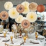 SUNBEAUTY 10 Pcs Brown Party Decorations Rustic Paper Natural Birthday Party Decorations Hanging Lanterns Tissue Paper Pom Poms Cream Folding Fans Kit for Girl Women - Image 2