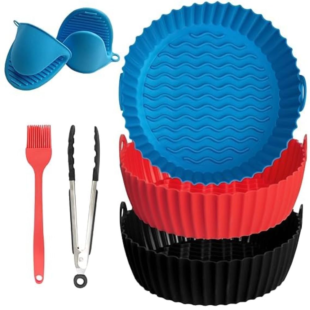 ITUSHA 3 Air Fryer Silicone Liners & 3 Air Fryer Accessories - 7.5 inch (3-5 Qt+) Food Grade Reusable Silicone Baskets/Pots/Liners with Oven Mitts, Basting Brush and Tongs (Multicolour) (B0CV7WJY74) Amazon Price History, Amazon Price Tracker