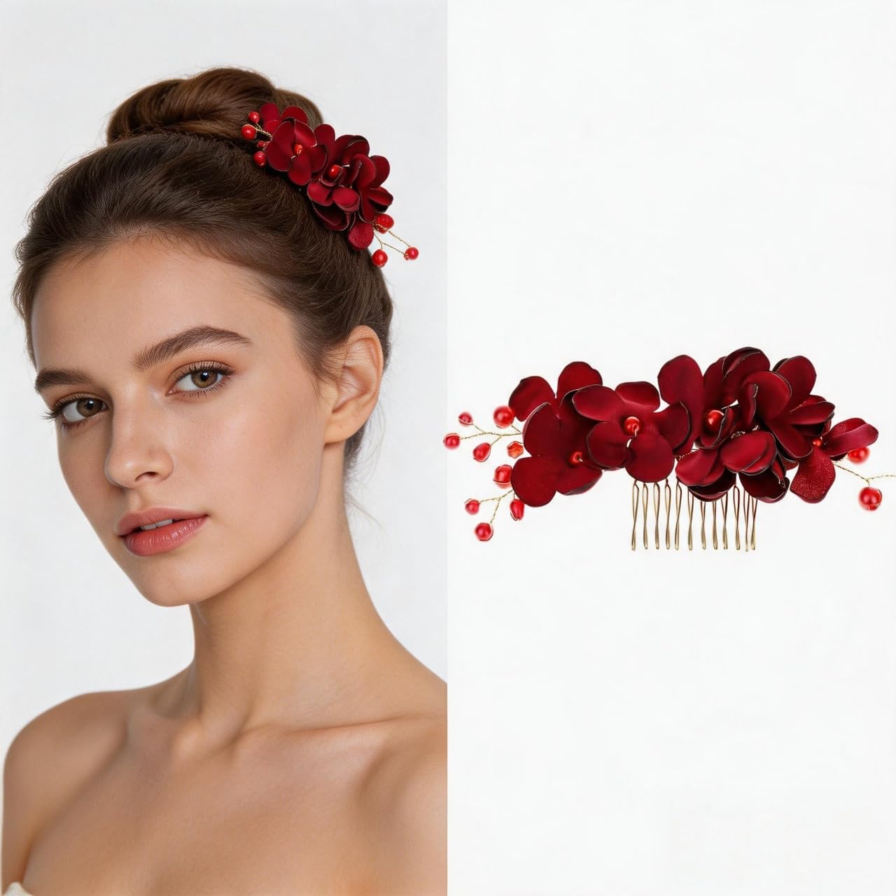 FOMIYES Peineta Lateral Con Flores De Tela Roja Y Cuentas Imitación Accesorio Ligero Para El Pelo De Mujer Ideal Para Bodas Fiestas Y Eventos Especiales 6.29X2.75 Pulgadas