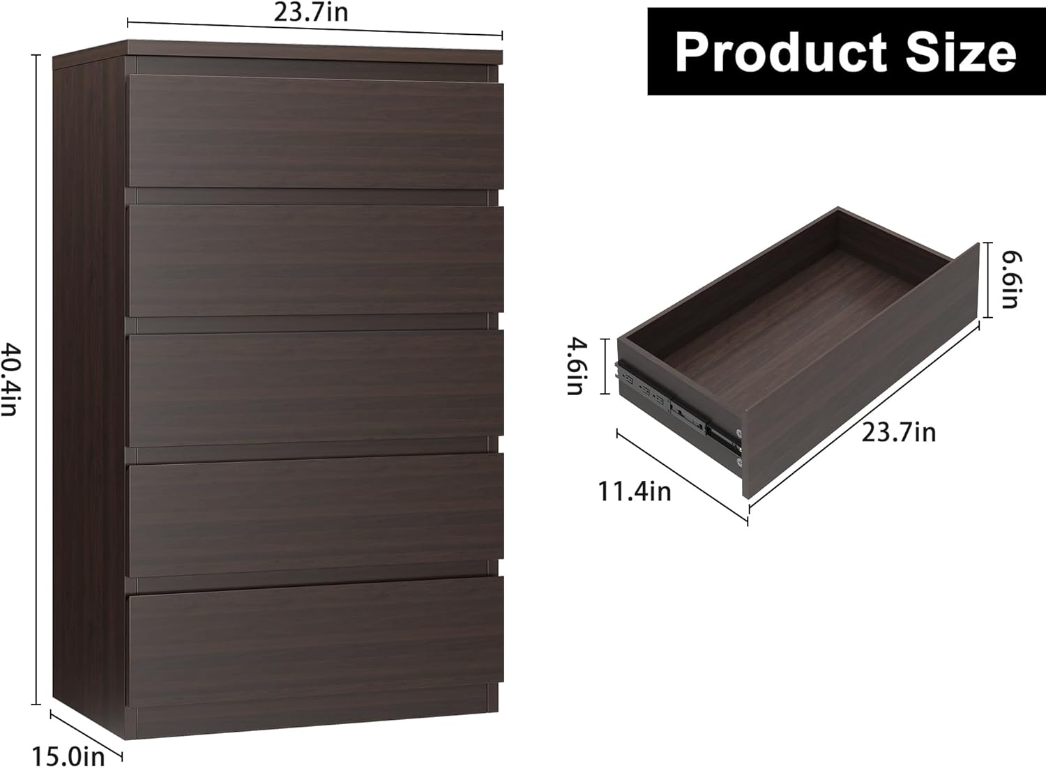 Diagram showing the dimensions of the Jocoevol 5-Drawer Dresser and a single drawer