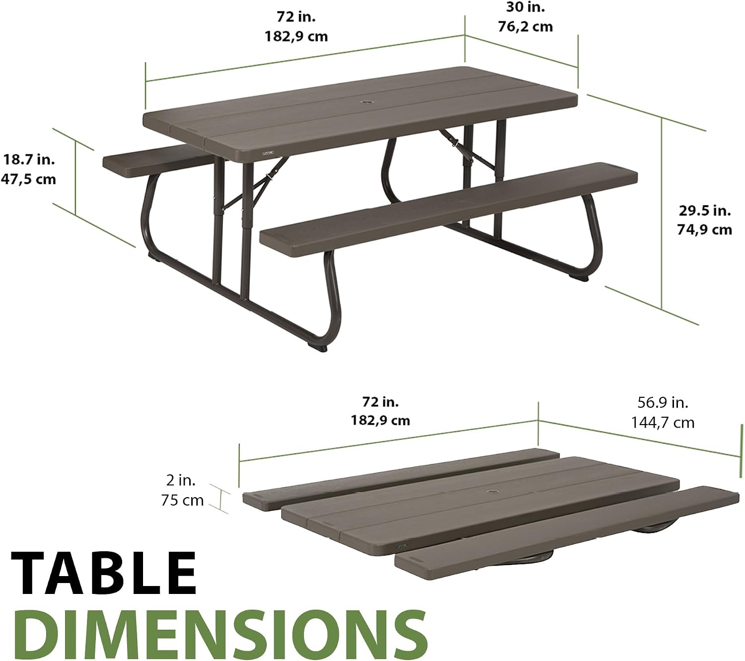 LIFETIME 6‑Foot Classic Folding Picnic Table, UV Protected Tabletop, Steel Frame, Seats 8, Weather & Rust Resistant, Flat Folding Outdoor Picnic Table with Umbrella Hole