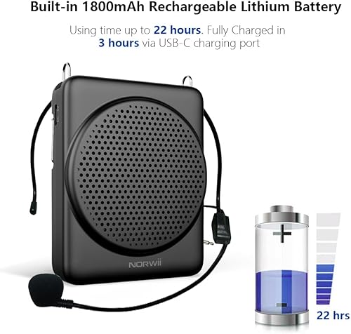 Miniatura 5 de Norwii Mini amplificador de voz, micrófono de auriculares, 3 horas de carga rápida y hasta 22 horas de reproducción, amplificador de voz personal,