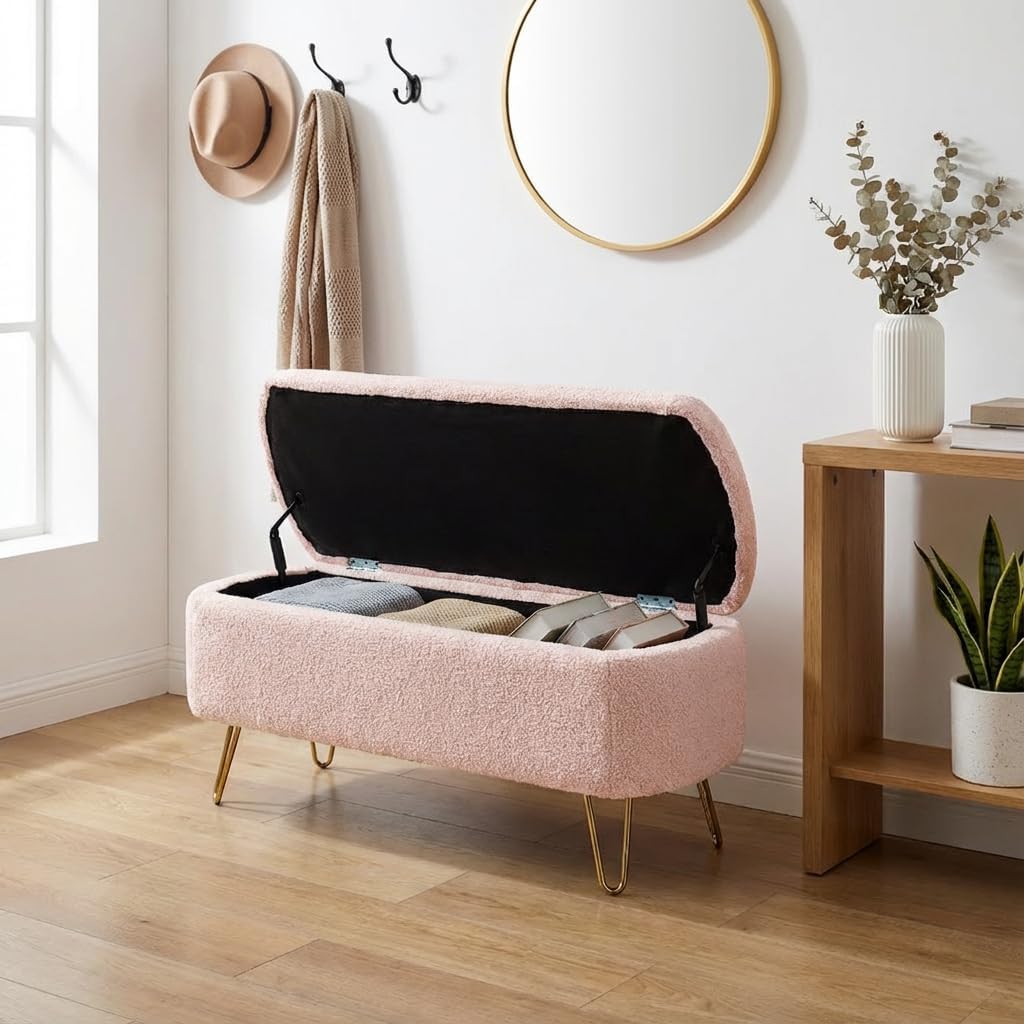 Luxury Pink Storage Ottoman Bench, Faux Fur Upholstered, Gold Metal Legs, Living Room Bedroom Storage Bench with Safety Hinge, 39x16x16 Inches