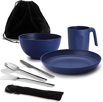 Camping Utensils ReaNea Camping Mess Kit for Travel Camping Picnic Outdoor Camping Gear Include Knife Spoon Fork Cutlery Set Cup Bowl Plate Camping Essentials