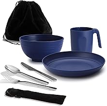 Camping Utensil Kit Reanea amping Mess for Travel Camping Picnic Outdoor Camping Equipment Including Knife, Spoon, Fork, Cutlery, Cup, Bowl, Plate, Essential