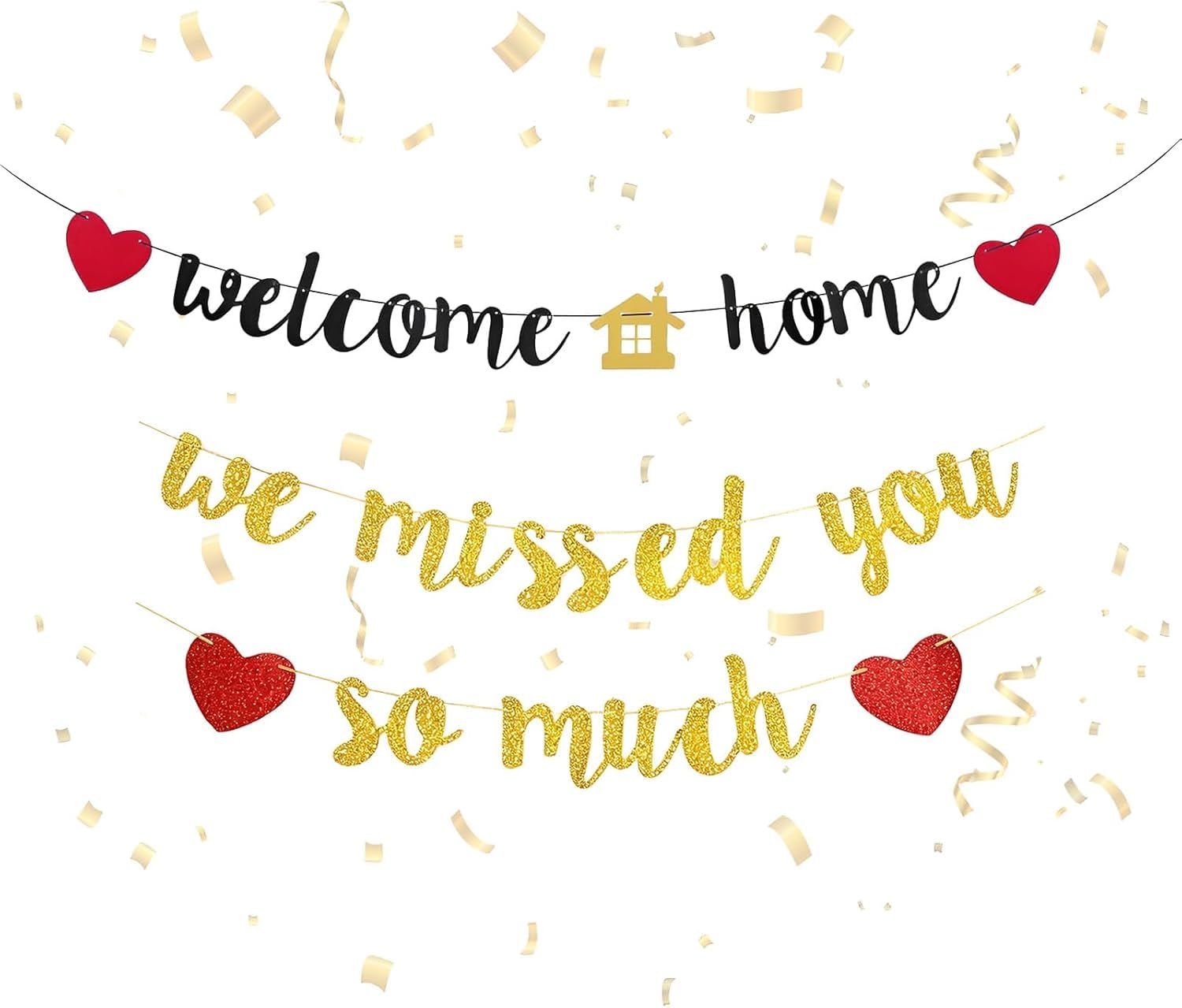 Welcome Home Banner - Durable Polyester We Missed You So Much Sign - Easy to Hang Home Decor for Front Door, Adult Party Decorations (Black Gold, 3.9Ft)