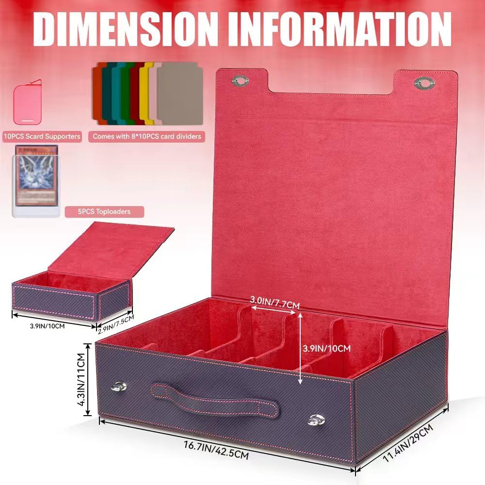 5-Row 3900+ Trading Card Storage Box for MTG, Card Deck Box with Snap-fit Design, 5 Card Sleeves, 10 Stoppers, 80 Dividers and 1 Dice Tray (Black-Red)