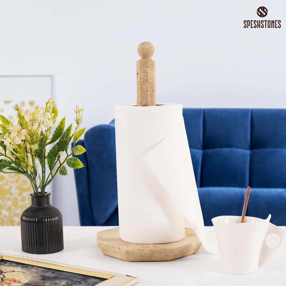 SPESHSTONES Soporte para Toallas de Papel de mármol travertino de 12.5 Pulgadas para Toallas de Cocina, Soporte para Rollo de Papel Hecho a Mano con Soporte