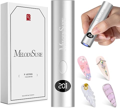 MelodySusie Handheld Cordless UV Nail Lamp with LCD Display & Optical Lens, P-Art01G Rechargeable Mini UV LED Light Flash Cures All Soft Gels, Especially Rhinestone Glue & Liner Gel Silver