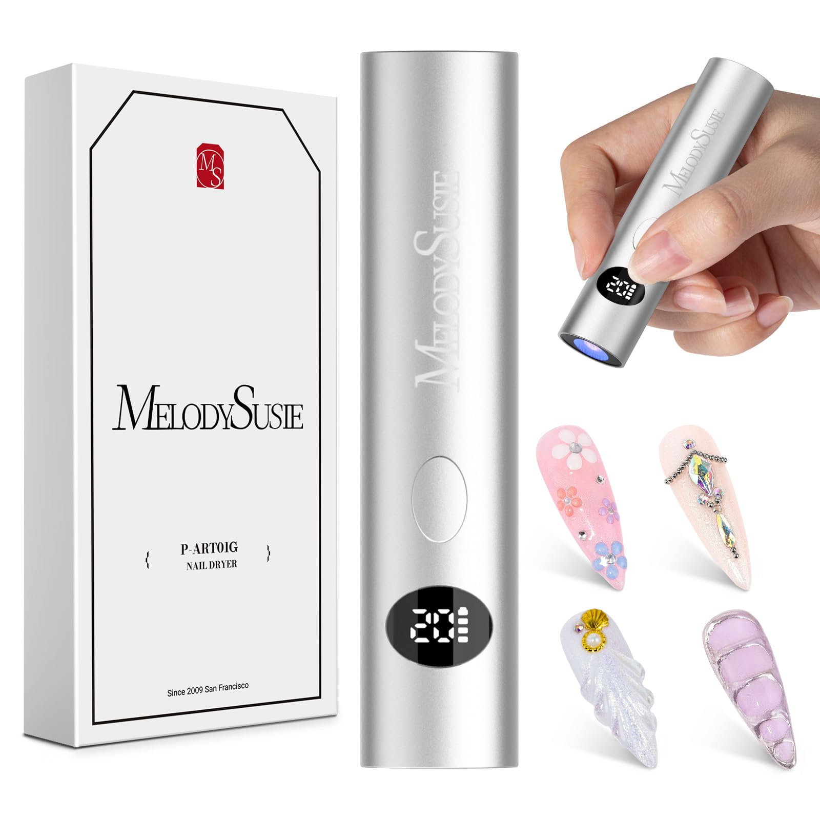 MelodySusie UV Lampe für Gelnägel, ART01G Mini Wiederaufladbar UV LED Lampe mit LCD-Display für Nägel, Tragbare Kleine UV Nagellampe mit 2 Timern, Nageltrockner für Alle UV Gel Nagellacke (Silber)