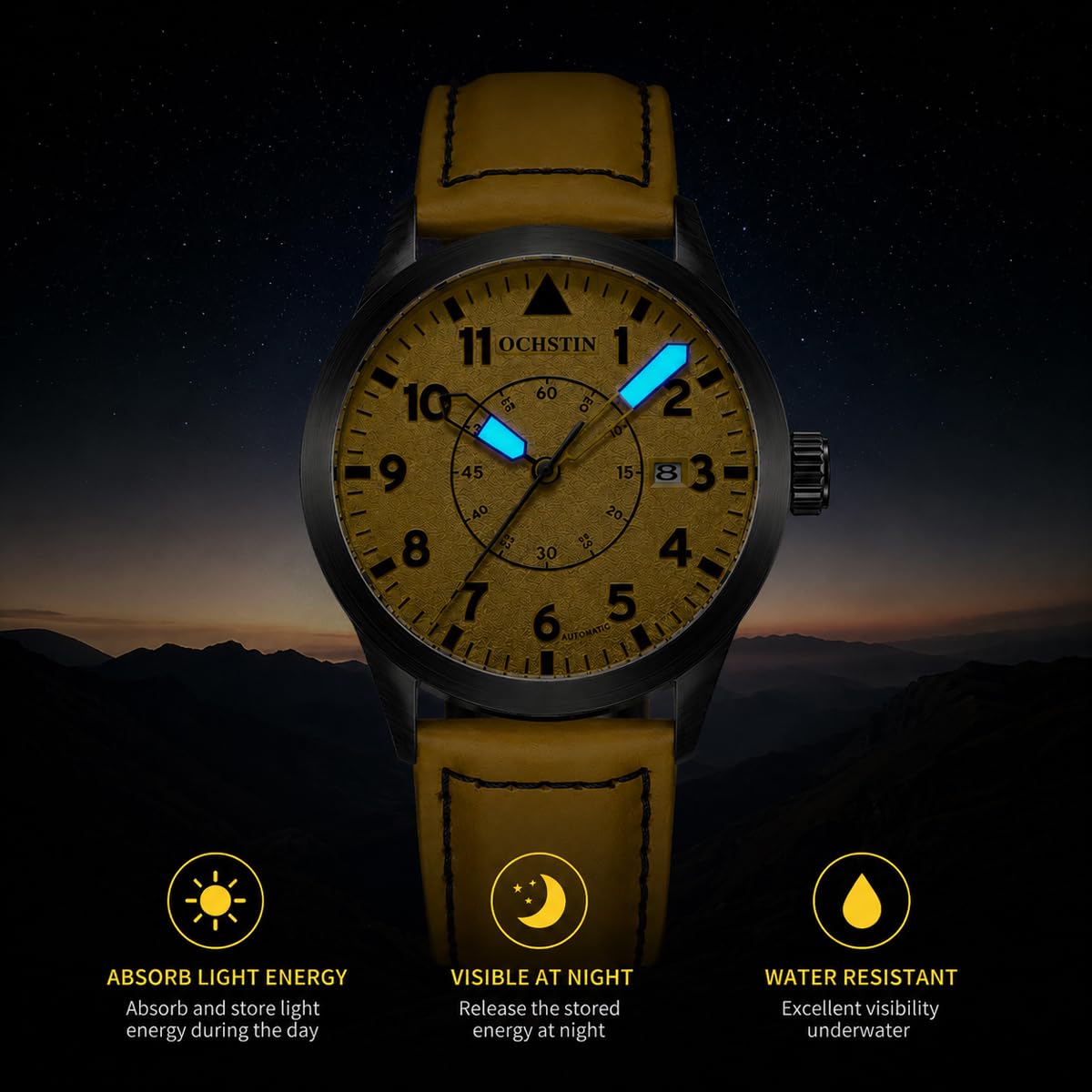 Reloj de pulsera mecánico automático para hombre, con fecha automática, militar, deportivo, con correa de cuero y correa de acero inoxidable