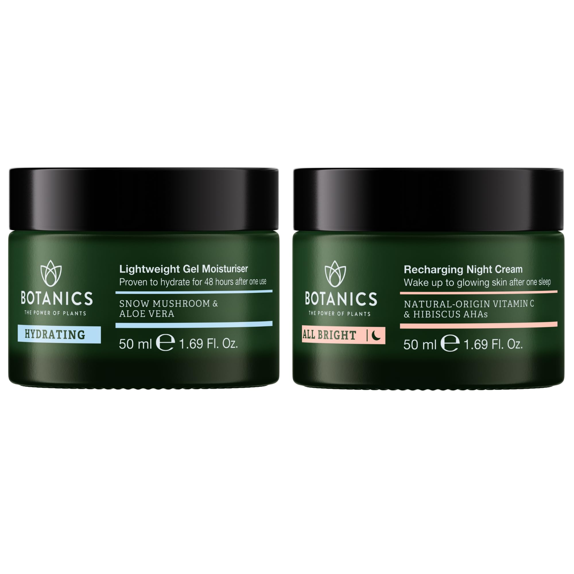 Botanics Lightweight Face Moisturizer & Recharging Night Cream for Women & Men - for Hydrated, Glowing Skin - Enriched with Snow Mushroom, Aloe Vera & Hibiscus AHA - Vegan & Cruelty-Free
