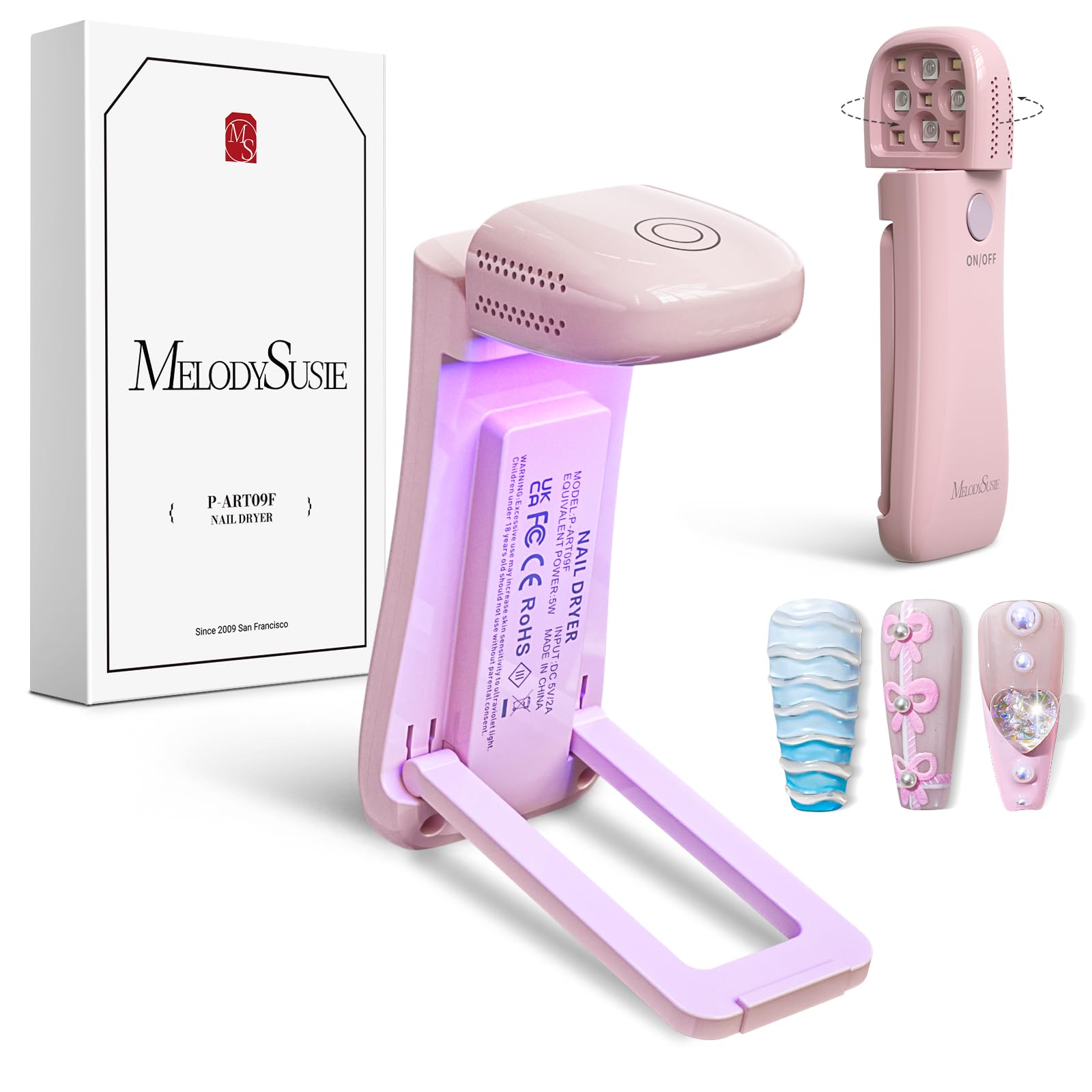 MelodySusie 2in1 Mini Cordless UV Nail Lamp P-ART09F for Manicure Beginners | Hands-Free Fold-out Stand,Lighting & Curing 2 Mode,30s/60s Timer, Use for Home Nail Art Design, 1000mAh Battery