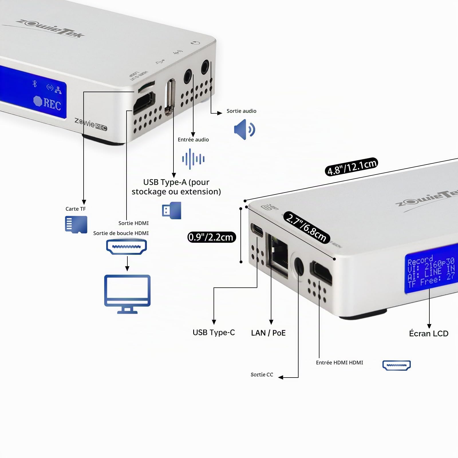 ZowieREC, enregistreur HDMI 4K, DVR, console de jeu, ordinateur portable, PC, lecture TV, enregistrement programmé, instantané, pause reprendre, cartes TF et USB