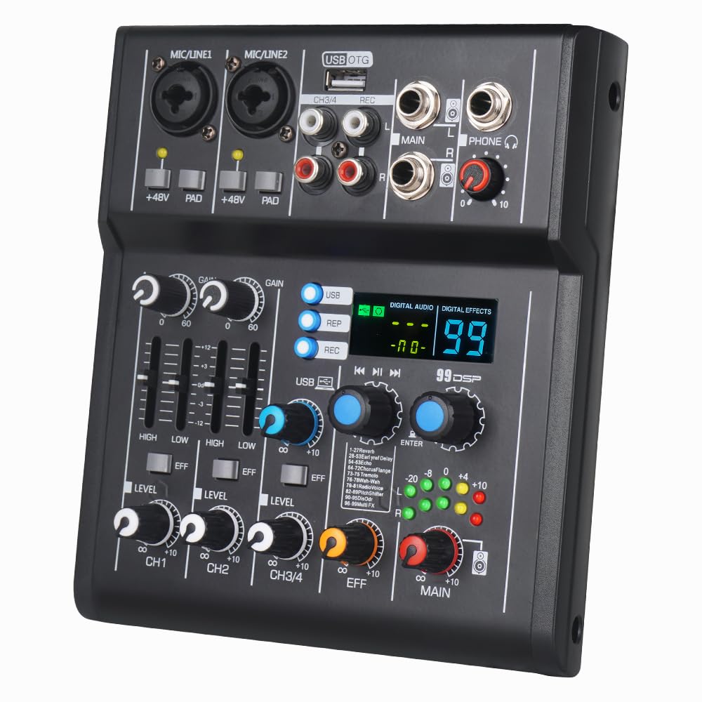 NG-3 4-Channel DJ Audio Mixer, Black Small Audio Mixing Console With 99 DSP Effects, 48V Phantom Power, USB Interface, Bluetooth MP3 Playback Sound Board-image-24