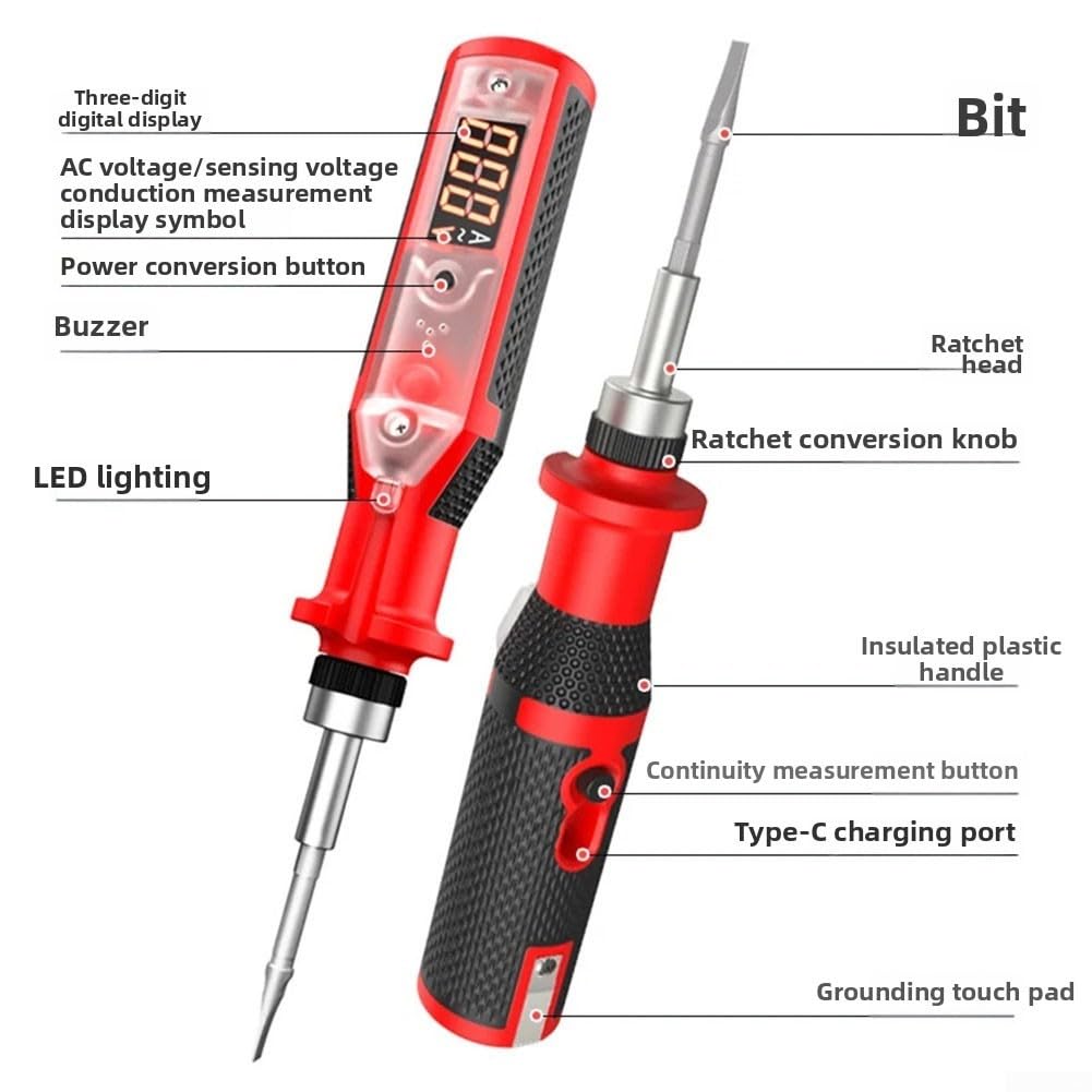 FABULETTA Stylo testeur de tension numérique inductif - Tournevis à cliquet - Lumière LED - Résine à fort impact - 24 embouts pour une utilisation à domicile ou en atelier (B)
