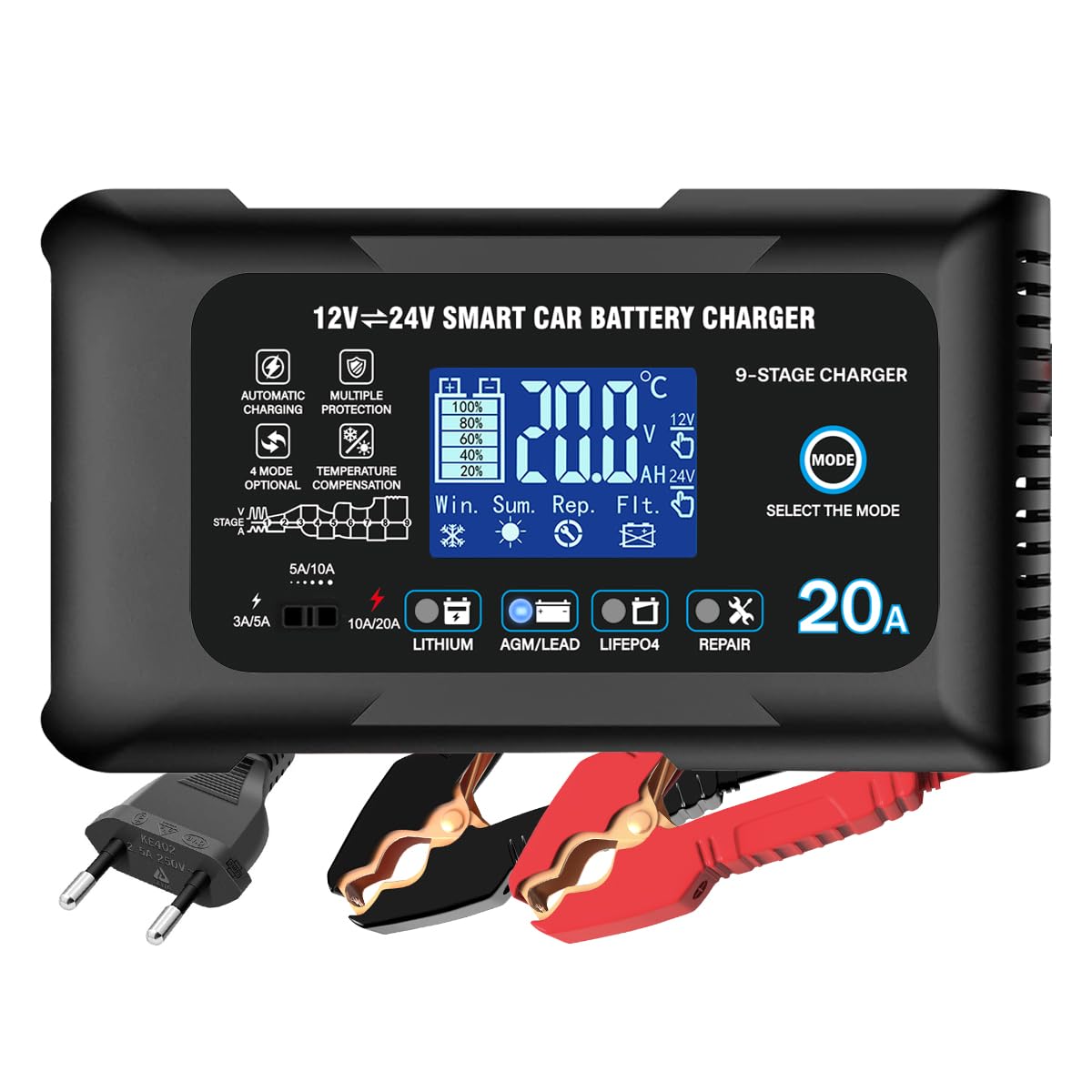 Haisito Ładowarka do akumulatora samochodowego 20 A, 12 V, 24 V, 20 A, ładowarka podtrzymująca i urządzenie do odsiarczania, odpowiednia do litu, LiFePO4, kwasu ołowiowego (AGM, żelu itd.), motocykli