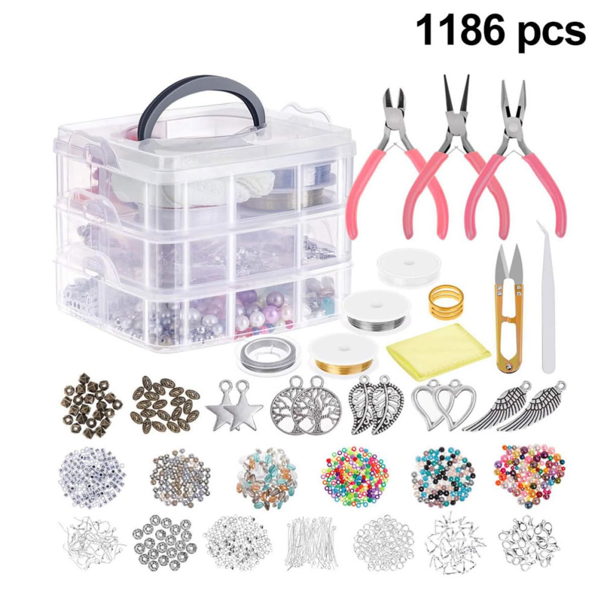 HINTRMENT Selbstgemacht Schmuckzubehör Zufällige Farbe 1186 Stück mit 3 lagiger Kunststoffbox und Metallzange für Schmuckherstellung und Armbänder Selber Machen