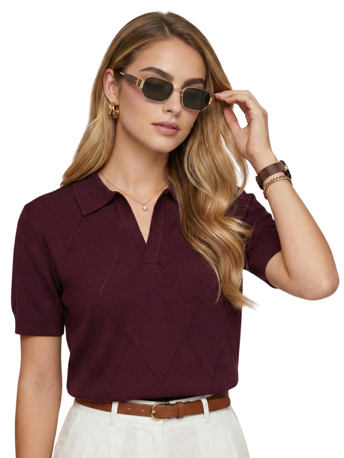 Women’s Flatknit Solid Half Sleeve Polo T-Shirt with Collared Neck, Casual Style for Office, Travel, (Sizes S to 2XL)